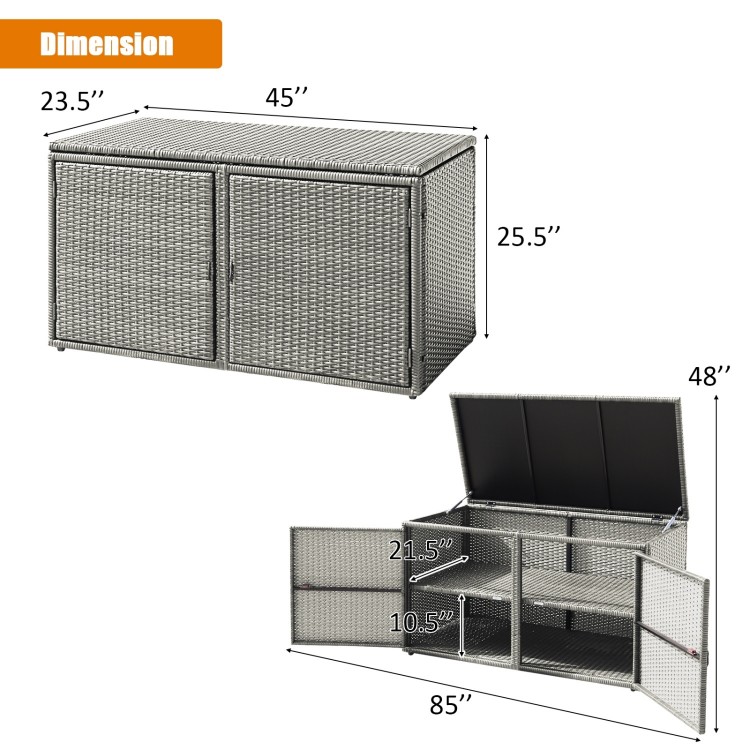 Gray 88-gallon garden patio rattan storage container box with adjustable feet and dual-layer inner space for versatile.