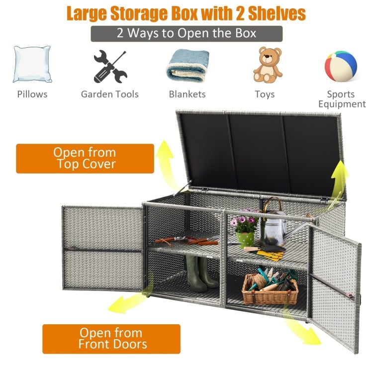 Large gray rattan storage box with two shelves, 88-gallon capacity, suitable for patio and garden organization.