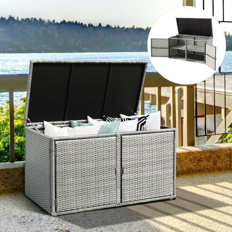 Gray 88-gallon garden patio rattan storage container box with adjustable feet, ideal for outdoor storage and.