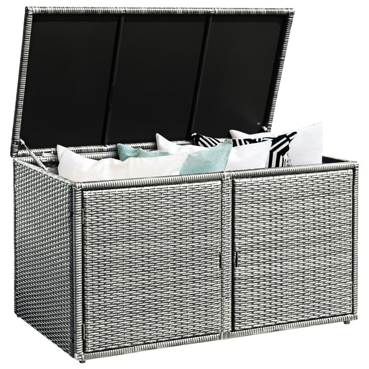Gray rattan storage container box with dual openings and 88-gallon capacity, ideal for patio and garden organization.
