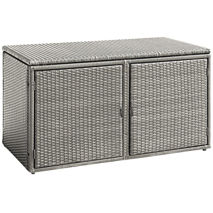 Gray 88-gallon garden patio rattan storage container box with double doors, ideal for outdoor storage and organization.
