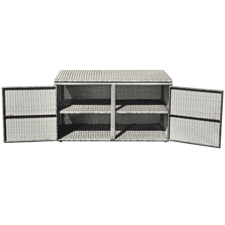 Gray 88-gallon garden patio rattan storage box with double doors and adjustable feet for versatile outdoor use.