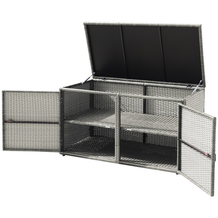 Gray 88-gallon garden patio rattan storage container box with multiple openings and adjustable feet for versatile use.