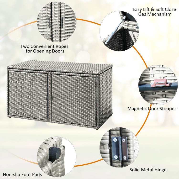 Gray 88-gallon garden patio rattan storage container box with dual-opening doors and adjustable non-slip foot pads.