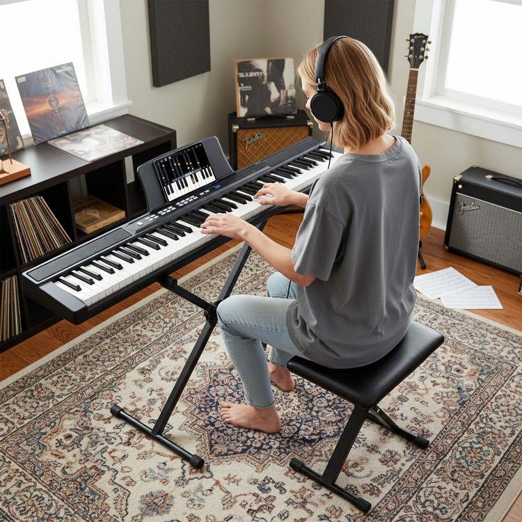 88-key electric piano keyboard with adjustable stand, portable bag, and sensitive touch response for music enjoyment.