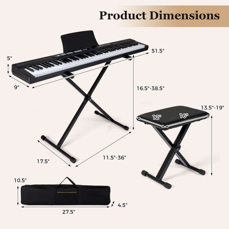 Product dimensions of the 88-Key Electric Piano Keyboard with adjustable stand and stool for customized comfort.