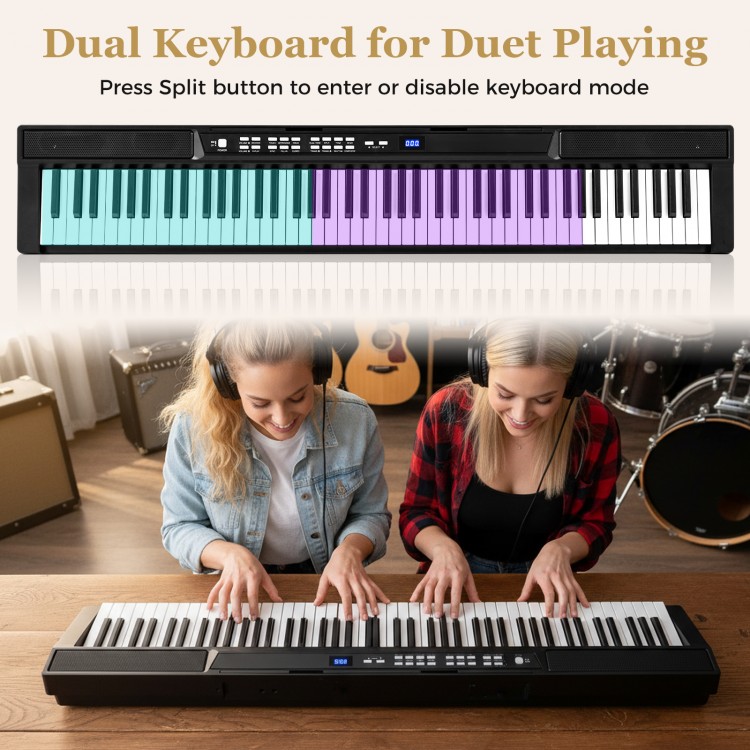 Dual keyboard view of the 88-Key Electric Piano with light-up buttons, ideal for duet playing and music learning.