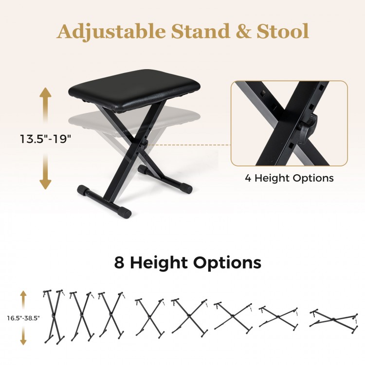 Adjustable stool for 88-key electric piano, featuring 4 height options from 13.5" to 19" for customized comfort.