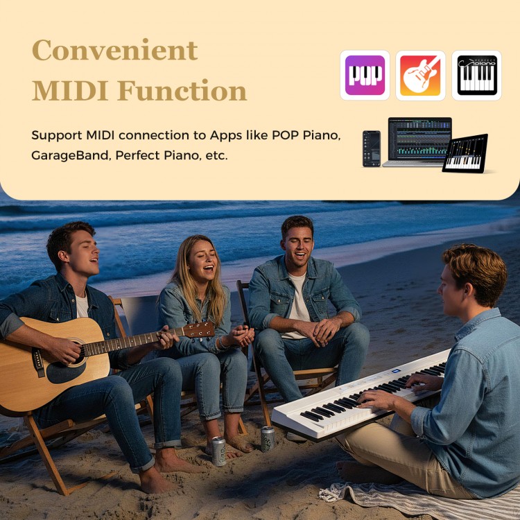 88-key electric piano keyboard in white with adjustable stand, MIDI function, and portable bag for easy transport.