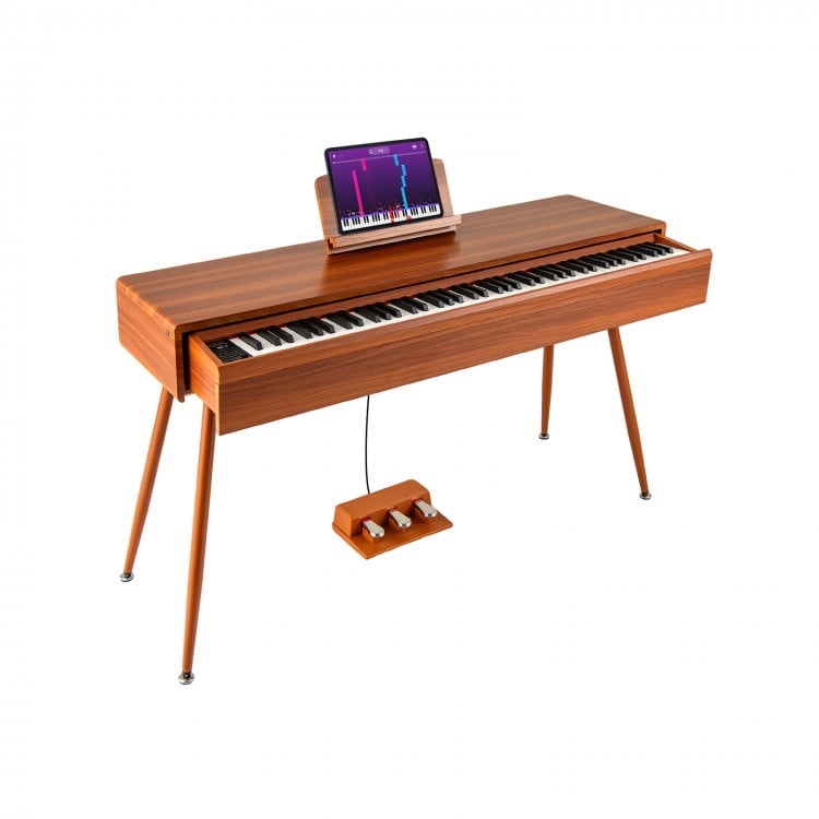 88-key graded hammer action weighted keyboard in brown with a push-pull drawer, perfect for music and writing.