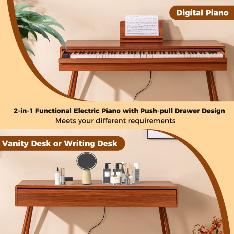 88-key electric piano in brown with push-pull drawer, serving as a vanity desk or writing desk for versatile use.
