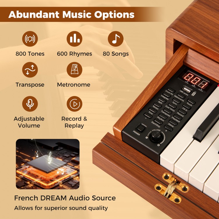 88-key weighted keyboard in brown with music options, adjustable volume, and French DREAM audio source for superior.