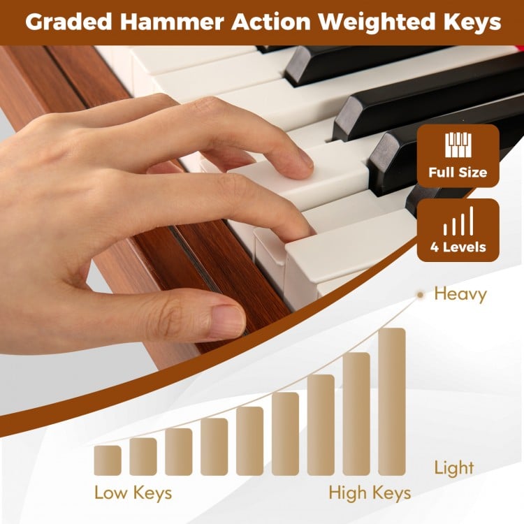 Close-up of 88-key graded hammer action weighted keyboard in brown, showcasing velocity response levels for versatile.