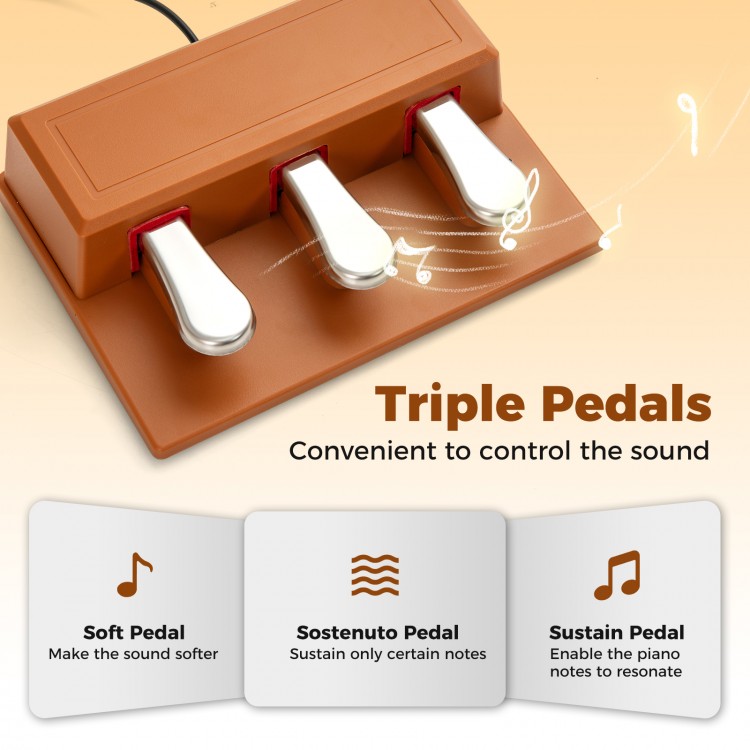 Triple pedals for the 88-key weighted keyboard, including soft, sostenuto, and sustain functions for sound control.