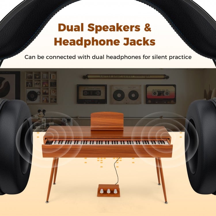 88-key graded hammer action weighted keyboard in brown with dual speakers and headphone jacks for silent practice.
