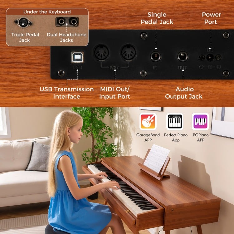 Close-up of the 88-key electric piano's control panel with pedal jacks and USB interface, ideal for versatile music.