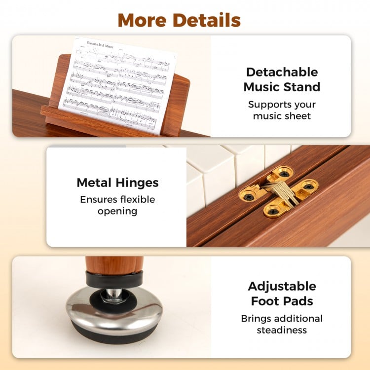 Detachable music stand for 88-key weighted keyboard, supporting music sheets for practice and performance.