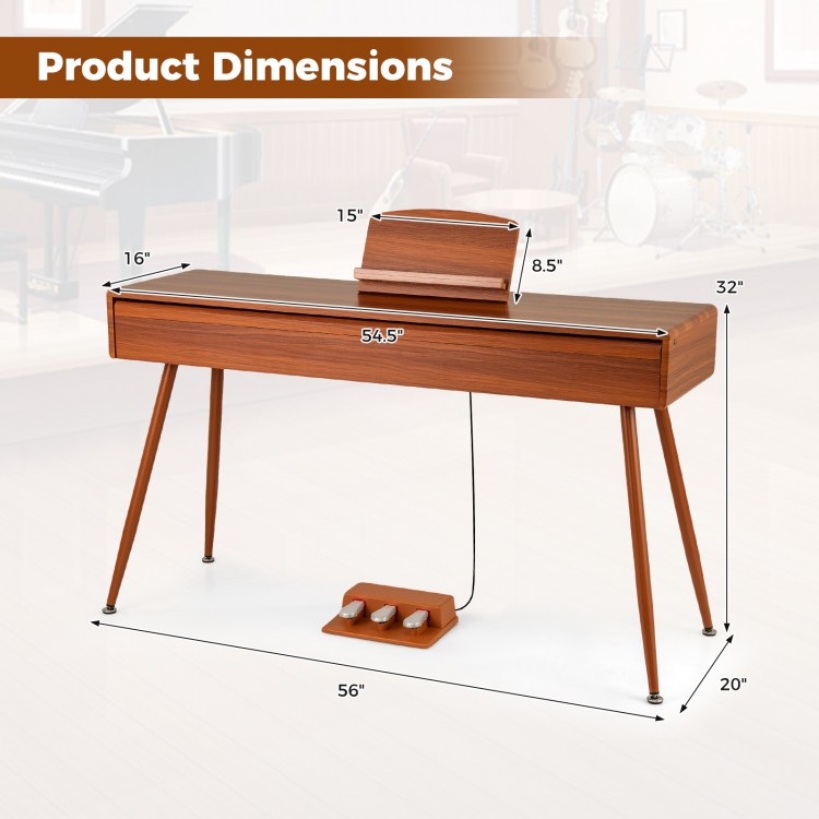 Dimensions of the 88-Key Graded Hammer Action Weighted Keyboard in brown, featuring a push-pull drawer design.