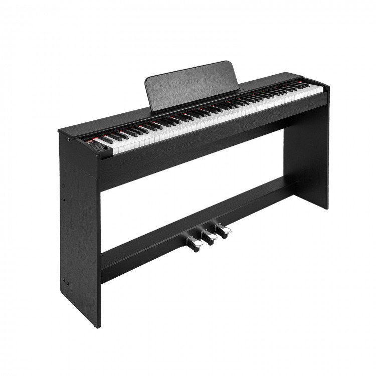 88-key hammer action weighted keyboard in black with furniture stand and triple pedals for realistic playing experience.