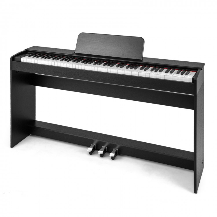 88-key weighted keyboard with furniture stand in black, featuring triple pedals and removable music stand for realistic.