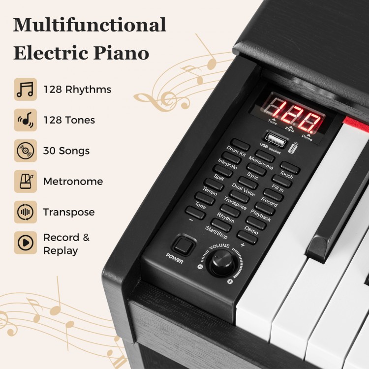 88-key weighted keyboard in black with control panel, featuring 128 rhythms and tones for versatile music creation.