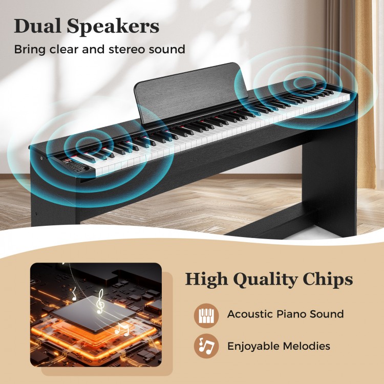 88-key weighted keyboard with dual speakers, furniture stand, and removable music stand for realistic piano experience.