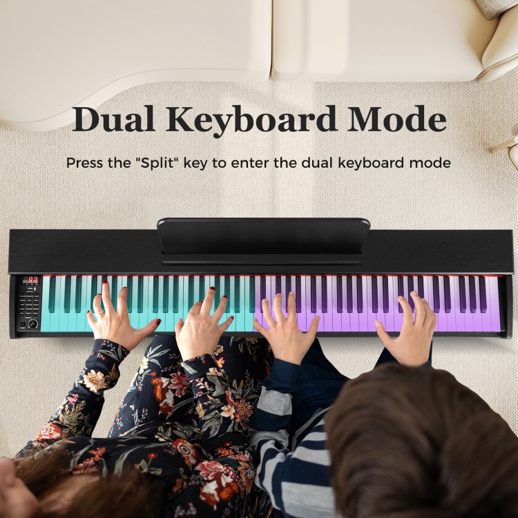 Dual keyboard mode of the 88-key weighted keyboard, showcasing two players enjoying music together on a stylish stand.