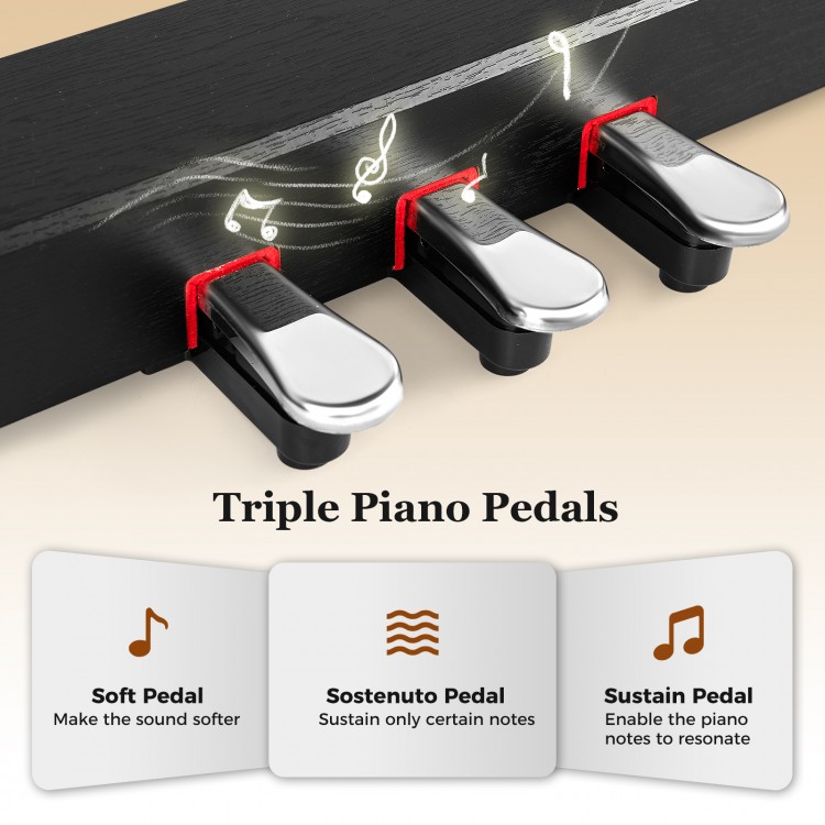 Triple piano pedals for the 88-key weighted keyboard, including soft, sostenuto, and sustain functions for versatile.