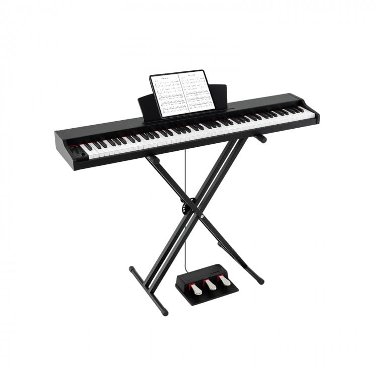 88-key keyboard piano set in black with adjustable stand, removable music stand, and dual speakers for versatile music.