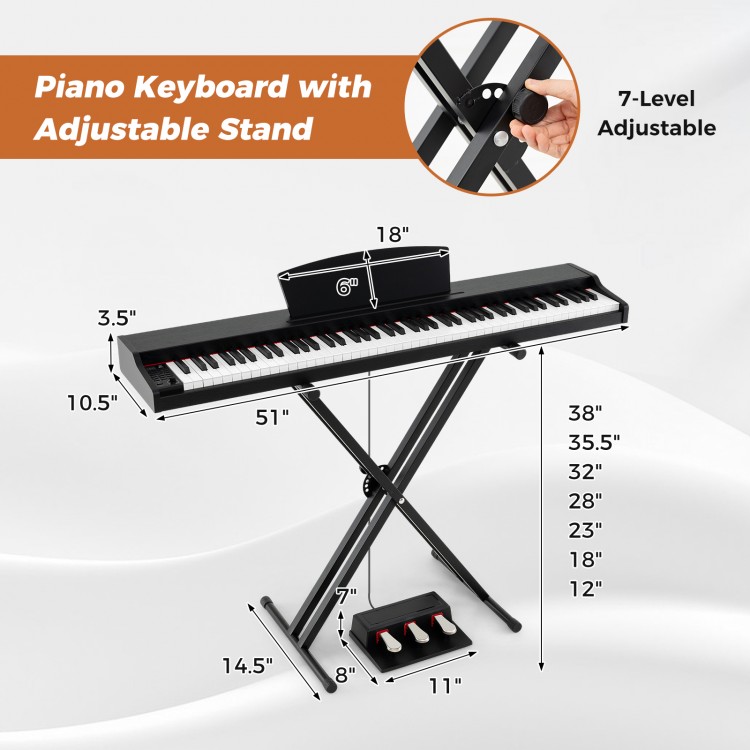 Adjustable stand for 88-key keyboard piano set, showcasing 7-level height options for personalized playing comfort.