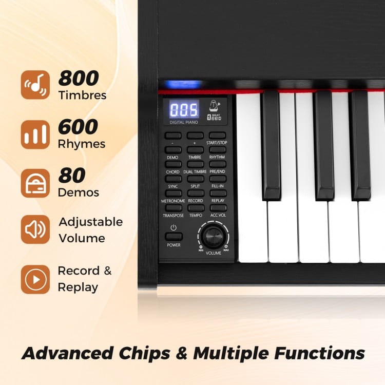 88-key keyboard piano set with adjustable stand, featuring 800 timbres, dual speakers, and record & replay functions.
