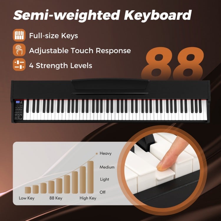 88-key keyboard piano set with adjustable stand, featuring full-size keys and dual speakers for versatile music.