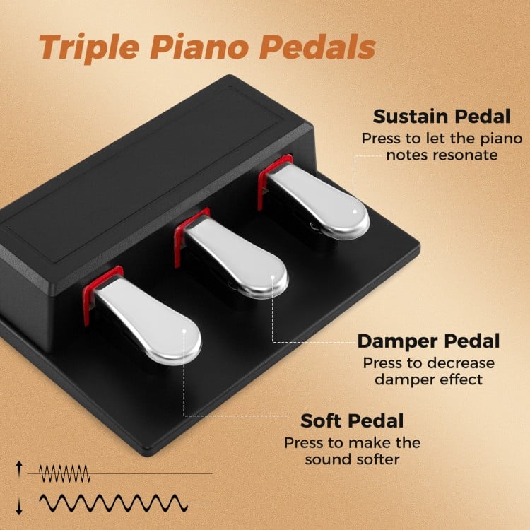 Triple piano pedals for 88-key keyboard, featuring sustain, damper, and soft pedals for versatile sound control.