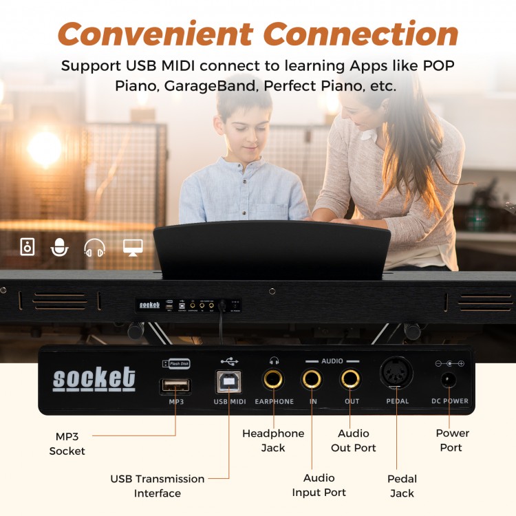 88-key keyboard piano set with adjustable stand, featuring USB MIDI connection for apps like GarageBand and dual.