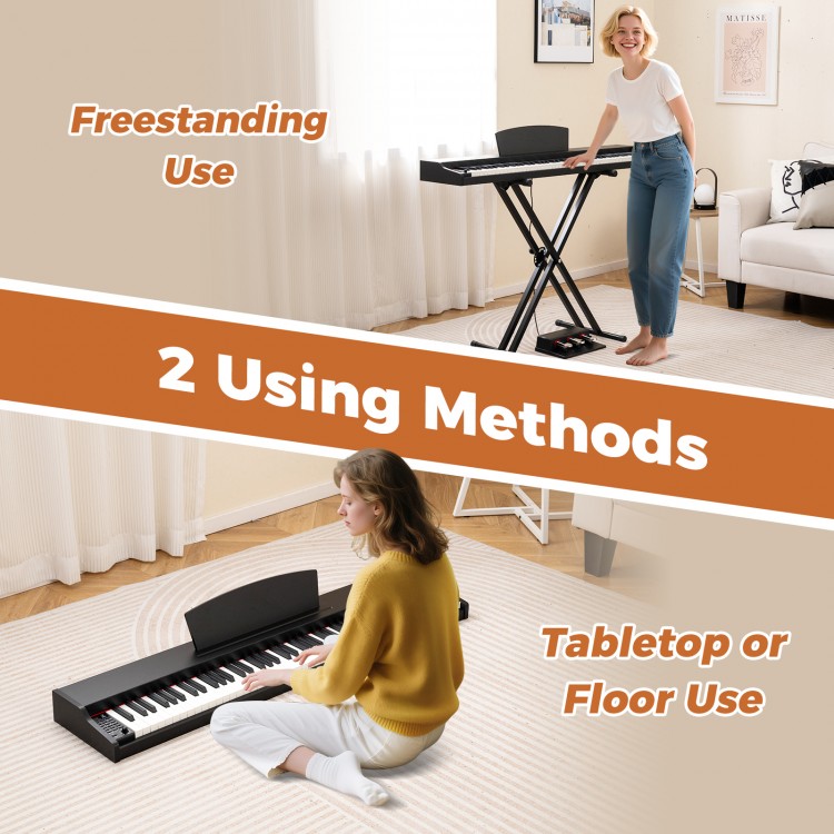 88-key keyboard piano set shown in freestanding and tabletop use, featuring an adjustable stand and dual speakers.