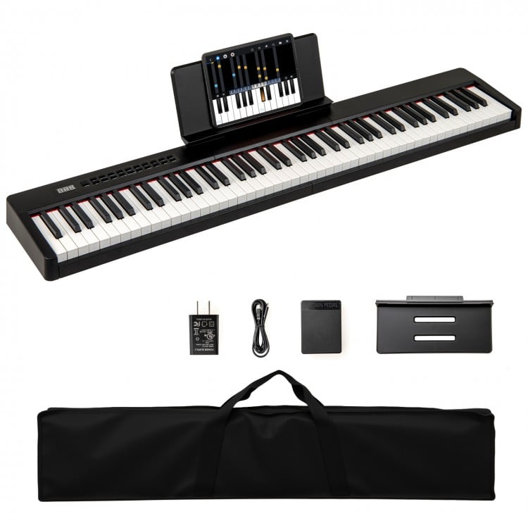 88-key velocity-sensitive piano keyboard in black with French DREAM audio source, ideal for music lessons and family.