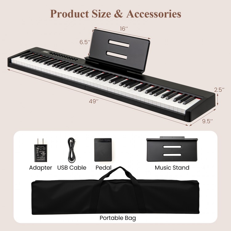 88-key black piano keyboard with French DREAM audio source, includes adapter, pedal, music stand, and portable bag.