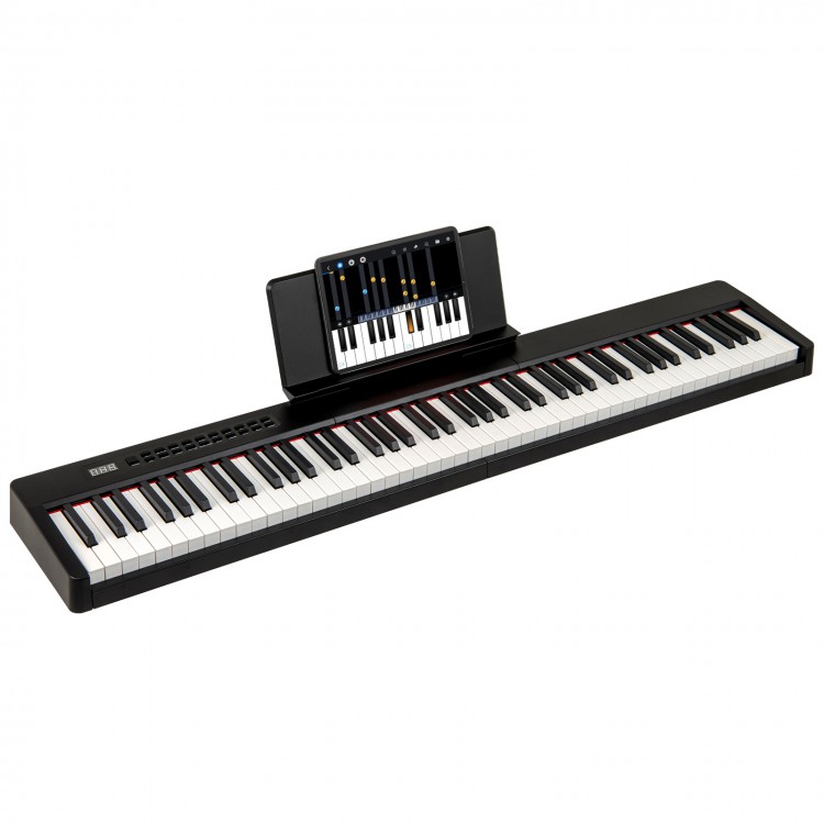 88-key velocity-sensitive piano keyboard in black with dual keyboard function, ideal for music lessons and family.