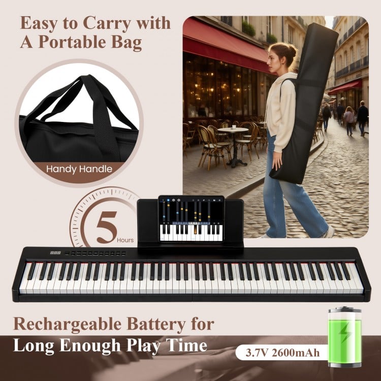 88 keys velocity-sensitive piano keyboard in black, featuring a rechargeable battery for 5 hours of playtime, ideal for.