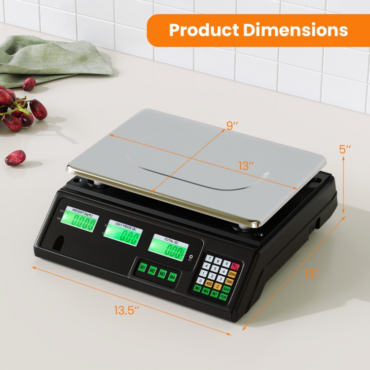 Digital commercial food scale with stainless steel platform, displaying product dimensions of 13.5" x 13" x 5" for.