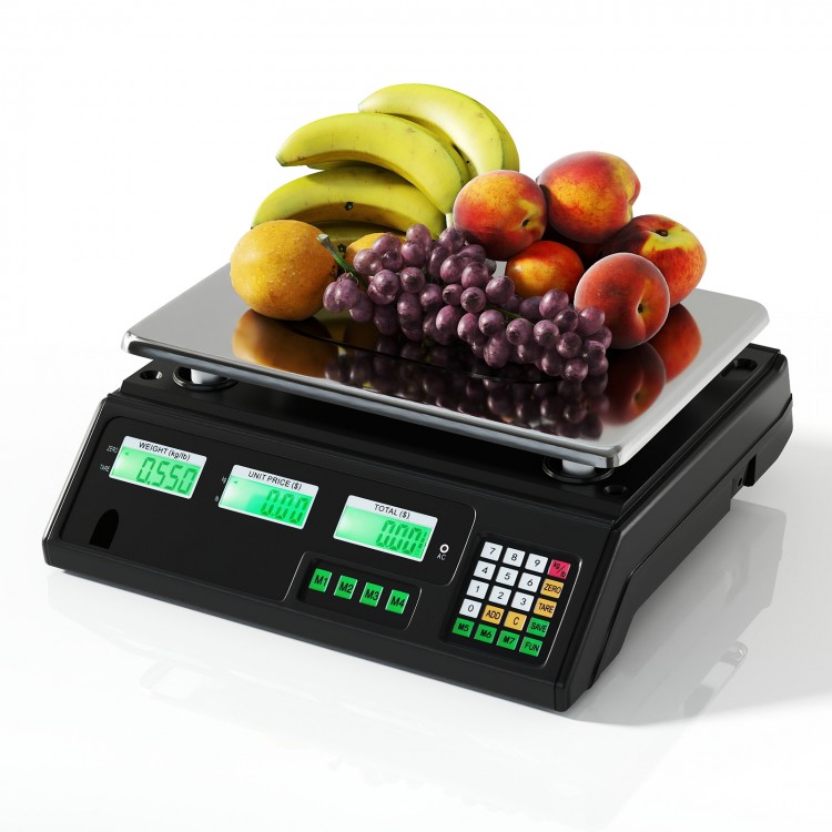 Digital commercial food scale with fruits, 88 lb capacity, dual LCD displays, and removable stainless steel platform.