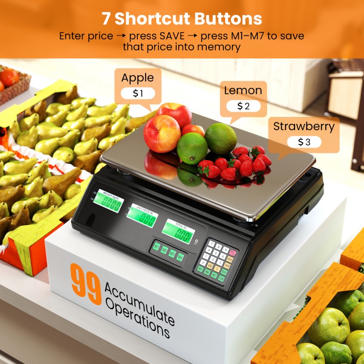 Digital commercial food scale with dual displays, 88 lb capacity, 7 shortcut buttons, and removable stainless steel.