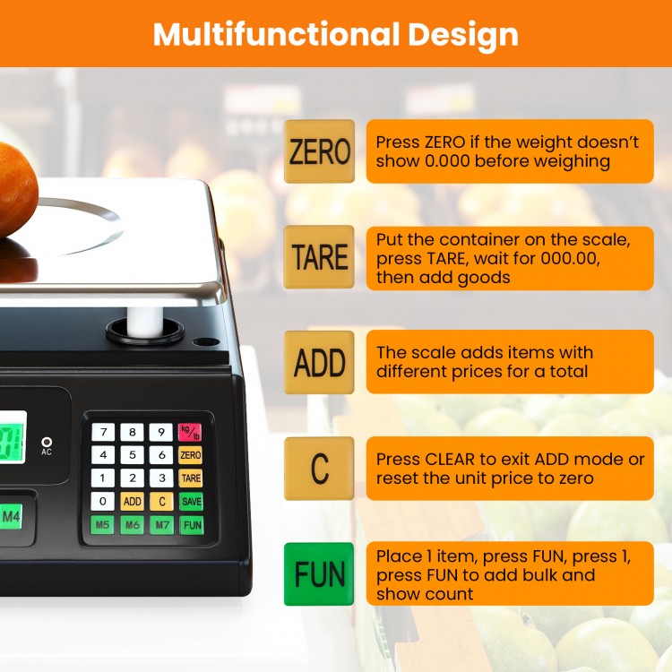 Digital commercial food scale with dual LCD displays, 88 lb capacity, and parts-counting function for efficient.