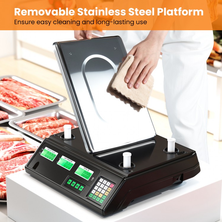 Removable stainless steel platform of the 88lb price computing scale for easy cleaning and long-lasting use.