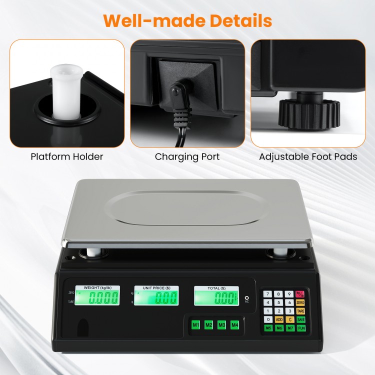 Digital commercial food scale with dual LCD displays, adjustable foot pads, and removable stainless steel platform for.