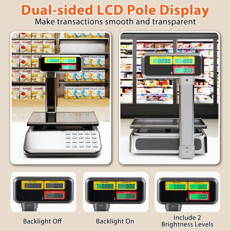 Dual-sided LCD display of the 88lb price computing scale, featuring stainless steel platform for commercial food use.