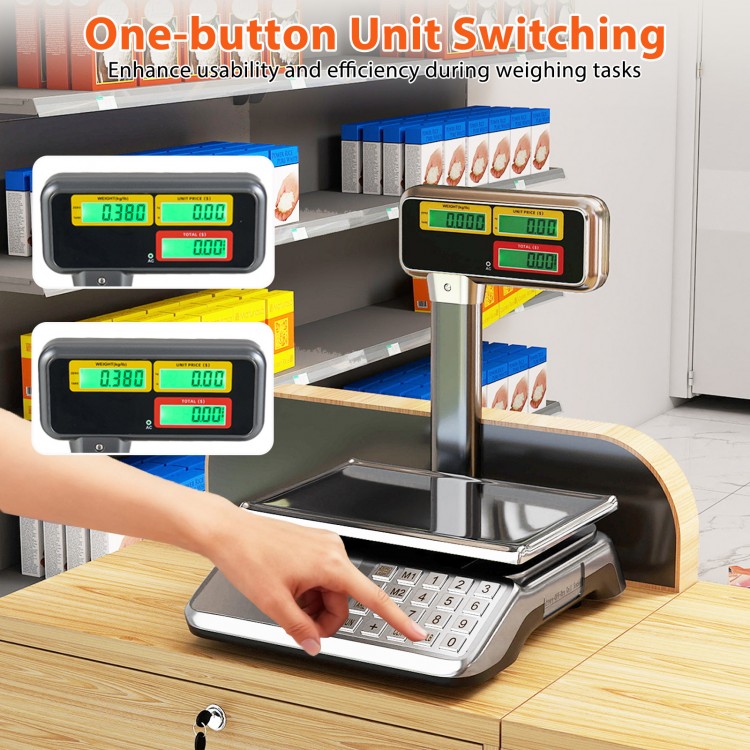Digital commercial food scale with dual LCD display, 88 lb capacity, and stainless steel platform for accurate weighing.