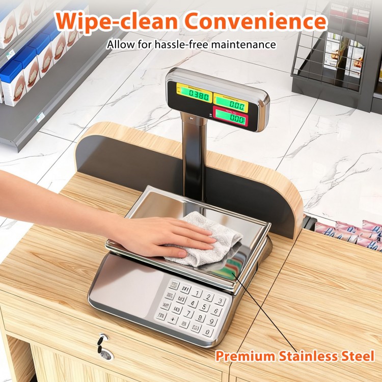 Stainless steel 88lb price computing scale with dual LCD display, ideal for commercial food use and easy maintenance.