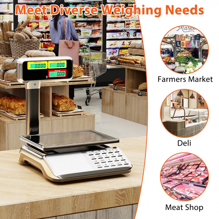88lb price computing scale with dual LCD display, stainless steel platform, ideal for farmers' market and deli use.