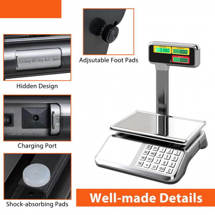 88lb price computing scale with dual LCD display, stainless steel platform, and adjustable foot pads for commercial use.